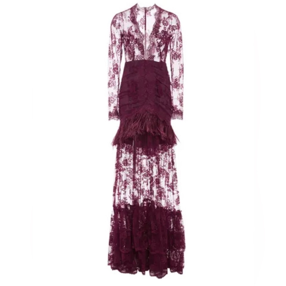 Elegant Burgundy Lace and Feather Floor-Length Long-Sleeve Maxi Dress BNWT 36